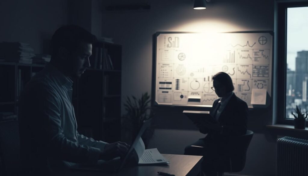 A detailed case study of the SAS marketing method, showcased in a dimly lit office setting. In the foreground, a businessperson examines a report on their desk, illuminated by the soft glow of a laptop screen. The middle ground features a whiteboard covered in intricate diagrams and notes, hinting at the analytical process. In the background, shelves of reference materials and a window providing a subtle, moody cityscape create a contemplative atmosphere. The lighting is low-key, casting dramatic shadows to evoke a sense of thoughtful consideration of the marketing strategy at hand.