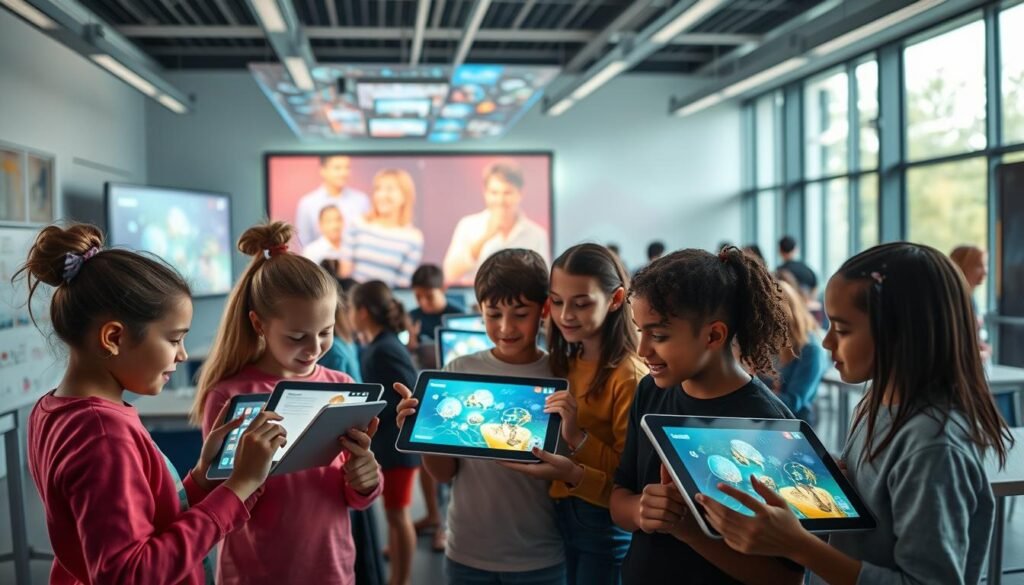 A dynamic digital learning environment with vibrant visuals and intuitive interfaces. In the foreground, a group of diverse students actively engaging with touchscreen tablets, their faces lit by the glow of the displays. In the middle ground, holographic projections and interactive whiteboards bring lessons to life. The background features a sleek, modern classroom with large windows, allowing natural light to pour in and create a sense of openness and connectivity. The overall mood is one of energetic, collaborative learning, showcasing the advantages of the digital platform over traditional methods.