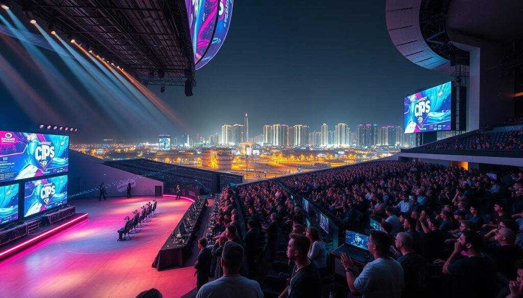 A grand gaming arena in the heart of Riyadh, Saudi Arabia. Vibrant displays and neon lights illuminate the stage, where teams of esports champions compete for glory. Sleek gaming rigs and high-tech equipment line the sidelines, as a captivated audience watches the intense matches unfold. Spotlights bathe the scene in a warm, cinematic glow, creating an atmosphere of excitement and anticipation. In the background, the iconic architecture of the city skyline provides a stunning backdrop, conveying the global significance of this prestigious esports competition.