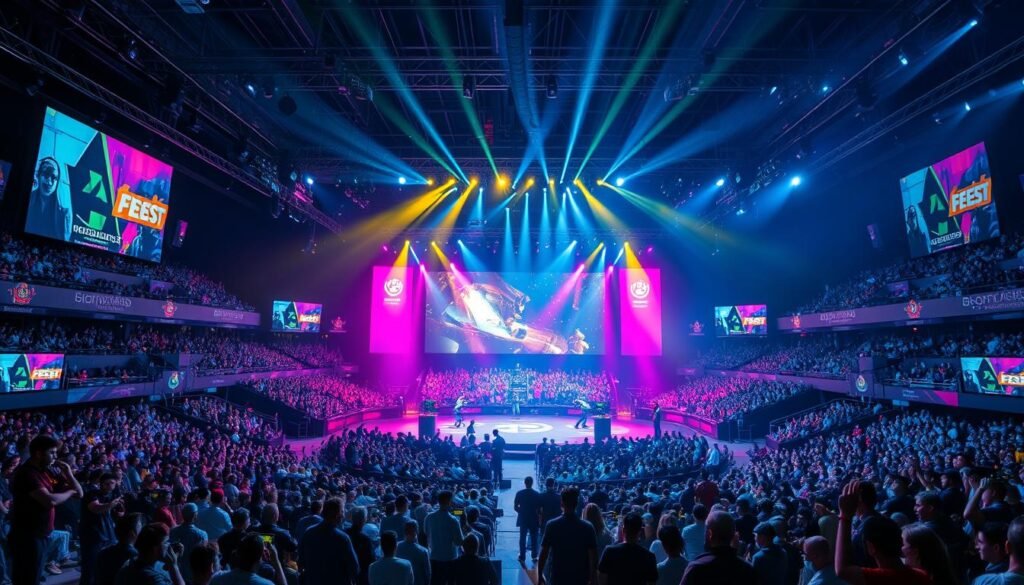 A grand international gaming tournament, with a vibrant, dynamic atmosphere. The foreground features a large stage, illuminated by vibrant spotlights, where professional esports teams compete head-to-head. In the middle ground, rows of spectators fill the audience, their excitement palpable. The background showcases a state-of-the-art gaming arena, with towering screens displaying the tournament's progress. The lighting is a masterful blend of dramatic shadows and neon-tinged highlights, creating a sense of intensity and high-stakes competition. The overall scene conveys the global scale and prestige of this prestigious esports event.