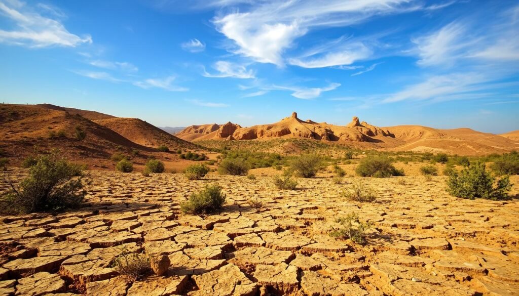 A lush, arid landscape of the Palestinian territories, where the climate is harsh and unforgiving. In the foreground, a parched, cracked earth dotted with sparse vegetation struggling to survive. In the middle ground, rolling hills and rocky outcroppings, their surfaces weathered by the relentless sun. The background features a hazy, azure sky, with wispy clouds casting fleeting shadows across the scene. The lighting is warm and golden, accentuating the rugged, rugged terrain. The overall mood is one of environmental fragility, a testament to the challenges faced by those who call this region home.
