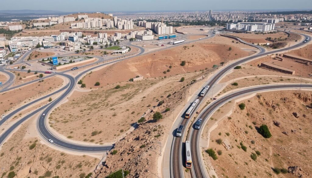 A serene aerial view of the transportation infrastructure in Palestine, captured with a wide-angle lens and natural lighting. The foreground features a network of paved roads winding through the rugged, hilly terrain, with buses, cars, and trucks navigating the interconnected system. In the middle ground, modern railway tracks snake through the landscape, connecting key cities and towns. In the background, a mix of traditional and contemporary buildings dot the horizon, reflecting the region's unique architectural heritage. The overall scene conveys a sense of functional connectivity, with the transportation network seamlessly integrating the various elements of the geographical landscape.