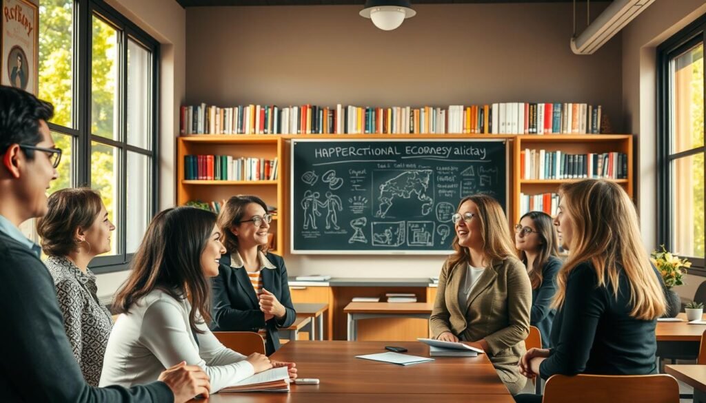 A serene classroom setting, filled with the warmth of natural light streaming through large windows. In the foreground, a group of educators, dressed in professional attire, engaged in a lively discussion, their faces alight with enthusiasm. In the middle ground, a chalkboard showcases vibrant illustrations and notes, hinting at the wealth of knowledge being imparted. The background features shelves brimming with books, a testament to the importance of continuous learning. The overall atmosphere exudes a sense of inspiration and opportunity, capturing the essence of a program designed to empower and support teachers on their educational journeys.