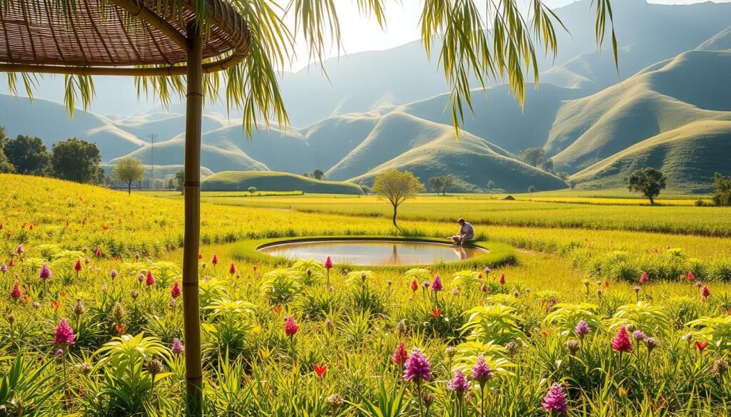 A serene, sun-dappled field dotted with vibrant native flora, gently swaying in a soft breeze. In the foreground, a woven bamboo structure stands as a testament to traditional craftsmanship, its simple elegance embodying the essence of local culture. The middle ground features a tranquil reflection pool, its surface like a mirror, capturing the surrounding natural beauty. In the background, lush, rolling hills rise up, their verdant slopes shrouded in a soft, ethereal haze. The scene is bathed in a warm, golden light, creating an atmosphere of calm and contemplation. This image evokes the peaceful, grounding spirit of "aura farming" and the local cultural traditions that inspire it.