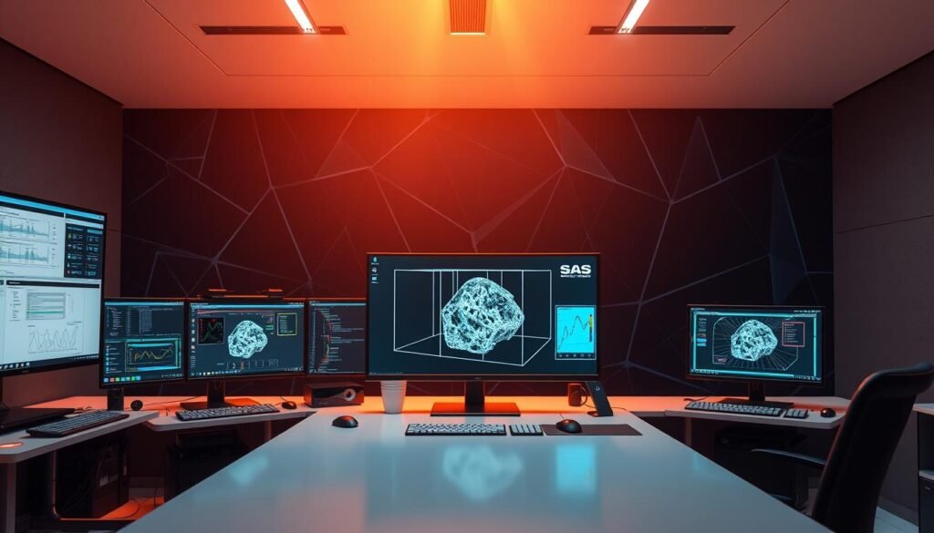 A sleek and sophisticated SAS model development workstation, bathed in warm, directional lighting. The foreground showcases an array of advanced modeling tools and interactive visualization panels, while the middle ground features a large, high-resolution display presenting a complex 3D model. In the background, a stylized geometric pattern evokes the advanced computational power and precision underlying the SAS modeling process. The overall scene conveys a sense of intellectual rigor, technical mastery, and cutting-edge innovation within the realm of statistical analysis.