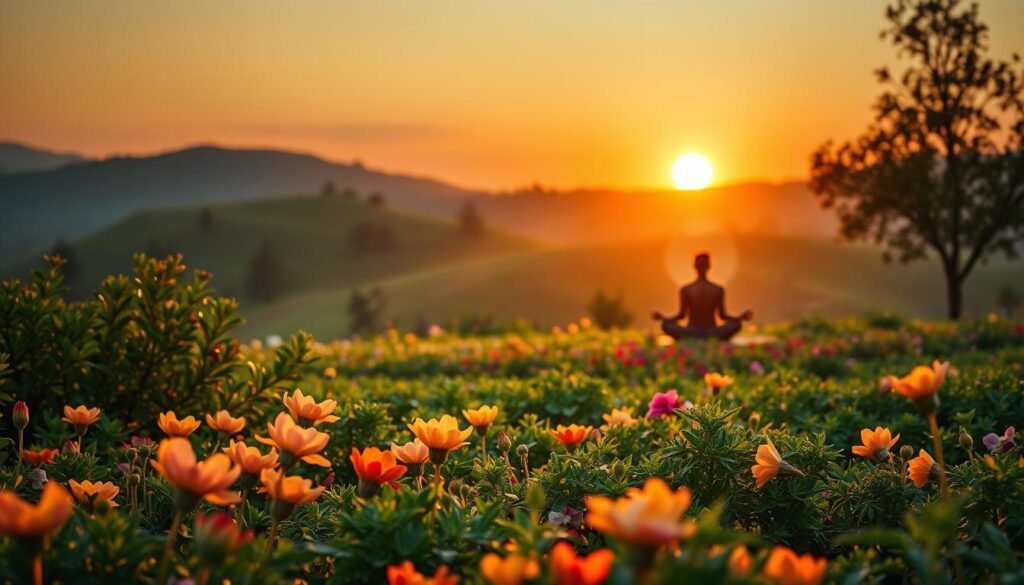 A tranquil landscape depicting the essence of aura farming. In the foreground, a serene garden filled with lush greenery and vibrant flowers, their petals gently swaying in a soft breeze. In the middle ground, a person sitting in a meditative pose, their aura visibly pulsing with a soothing, ethereal glow. The background features a rolling hillside, bathed in the warm hues of the setting sun, creating a calming, otherworldly atmosphere. The scene is captured with a wide-angle lens, emphasizing the harmony and balance of the natural elements. The lighting is soft and diffused, evoking a sense of inner peace and contemplation.