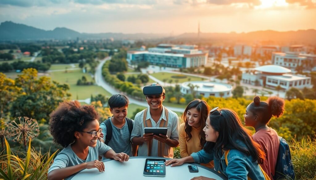 A vibrant, dynamic landscape depicting the benefits of the educational ecosystem. In the foreground, a group of diverse students engaged in collaborative learning, their faces alight with enthusiasm. The middle ground showcases cutting-edge technology - tablets, interactive whiteboards, and virtual reality setups - enabling personalized, immersive learning experiences. In the background, a sprawling, modern campus with lush greenery and state-of-the-art facilities, symbolizing the holistic approach to education. Warm, diffused lighting casts a welcoming glow, while a sense of harmony and progress permeates the scene, reflecting the transformative power of digital innovation within the educational realm.