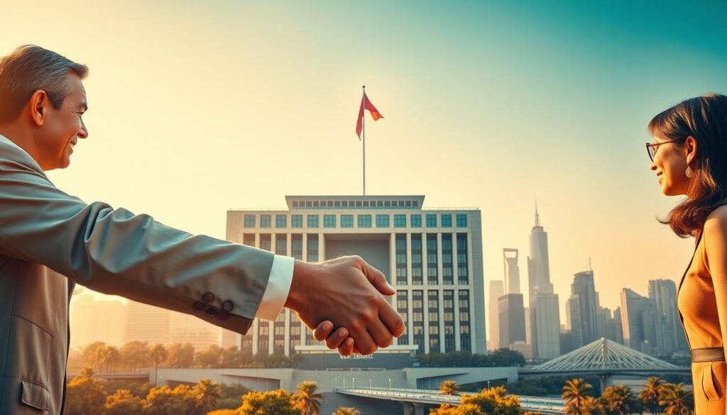 A vibrant scene depicting the collaborative efforts between local and central government authorities. In the foreground, government officials from different levels shake hands, symbolizing their partnership. The middle ground showcases a modern government building, its architecture reflecting a blend of traditional and contemporary design. In the background, a bustling city skyline with skyscrapers and bridges, representing the urban development enabled by this cooperation. Warm, golden lighting casts a sense of optimism and progress, while a slight haze adds depth and atmosphere. The overall composition conveys a harmonious and productive relationship between the tiers of government, working together to drive positive change.