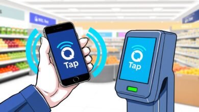 Ilustrasi teknologi QRIS Tap yang menunjukkan smartphone didekatkan ke mesin pembaca NFC