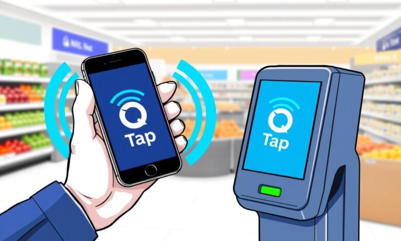Ilustrasi teknologi QRIS Tap yang menunjukkan smartphone didekatkan ke mesin pembaca NFC