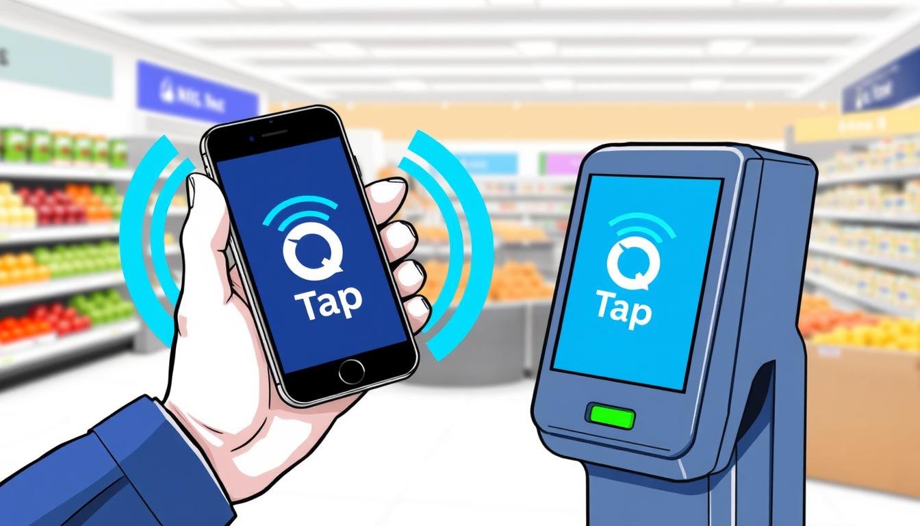Ilustrasi teknologi QRIS Tap yang menunjukkan smartphone didekatkan ke mesin pembaca NFC