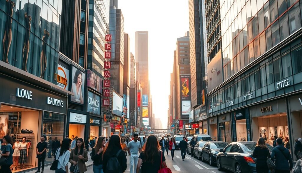 A bustling city street lined with modern high-rise buildings, sleek glass-and-steel structures, and neon-lit billboards. In the foreground, a group of young, fashionably dressed consumers browse the window displays of chic boutiques and luxury stores, immersed in a world of consumerism and the latest trends. The middle ground features busy pedestrians and traffic, a melting pot of diverse cultures and lifestyles. The background is bathed in a warm, golden-hour glow, creating a sense of affluence and progress. The scene conveys the pervasive influence of Western-style consumerism and its impact on the daily lives of the urban population.