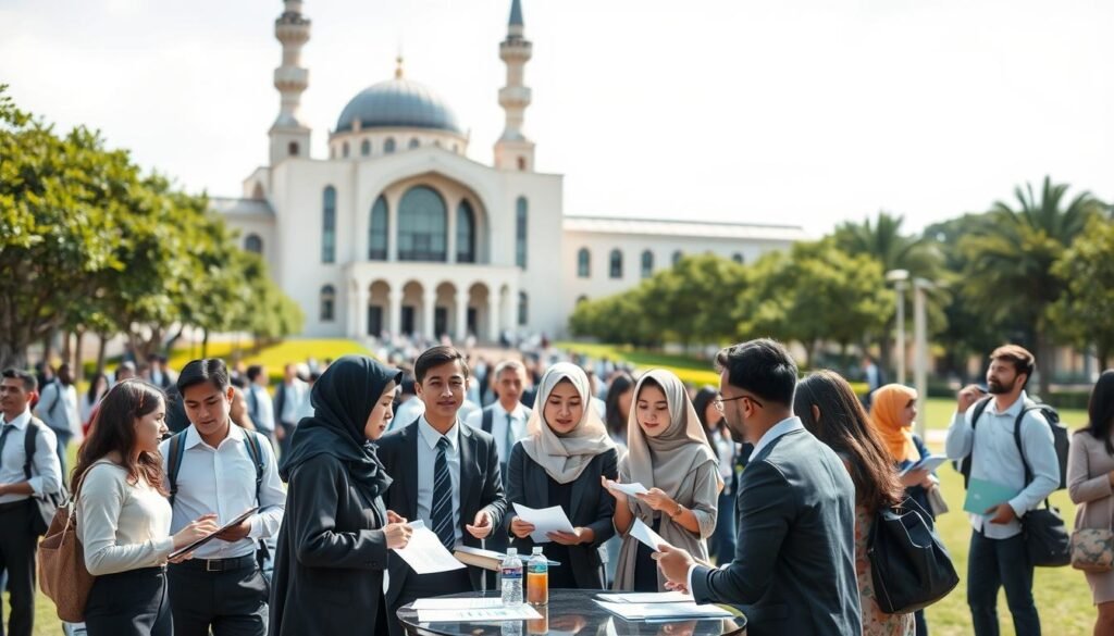 A bustling university campus on a sunny day, with students dressed in formal attire engaged in lively discussions. In the foreground, a group of young adults are gathered around a table, deep in conversation about financial concepts and charts. The middle ground features a diverse mix of students, some taking notes, others gesturing animatedly. In the background, a grand, modern building with Islamic architectural elements stands as a symbol of the institution's commitment to Sharia-compliant finance. Soft, natural lighting illuminates the scene, creating a contemplative atmosphere as the students grapple with the challenges of integrating Islamic principles into their economic studies. A bustling university campus on a sunny day, with students dressed in formal attire engaged in lively discussions. In the foreground, a group of young adults are gathered around a table, deep in conversation about financial concepts and charts. The middle ground features a diverse mix of students, some taking notes, others gesturing animatedly. In the background, a grand, modern building with Islamic architectural elements stands as a symbol of the institution's commitment to Sharia-compliant finance. Soft, natural lighting illuminates the scene, creating a contemplative atmosphere as the students grapple with the challenges of integrating Islamic principles into their economic studies.