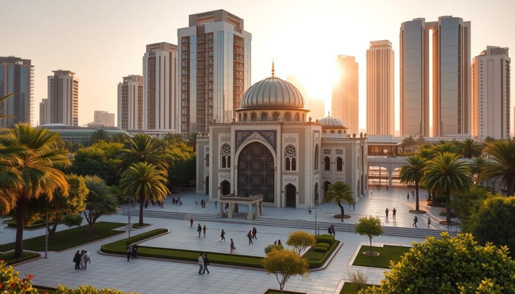 A serene, modern cityscape with a prominent Islamic-inspired architectural centerpiece, bathed in warm, golden afternoon sunlight. In the foreground, a tranquil pedestrian plaza with people casually strolling, surrounded by lush, verdant foliage. The middle ground features a striking, domed building with intricate geometric patterns and calligraphic motifs, its façade gleaming with a blend of traditional and contemporary materials. In the background, a skyline of sleek, glass-and-steel high-rises, symbolizing the integration of Islamic principles and modern economic development. The overall scene conveys a sense of harmony, progress, and the government's commitment to fostering a thriving, Sharia-compliant financial ecosystem. A serene, modern cityscape with a prominent Islamic-inspired architectural centerpiece, bathed in warm, golden afternoon sunlight. In the foreground, a tranquil pedestrian plaza with people casually strolling, surrounded by lush, verdant foliage. The middle ground features a striking, domed building with intricate geometric patterns and calligraphic motifs, its façade gleaming with a blend of traditional and contemporary materials. In the background, a skyline of sleek, glass-and-steel high-rises, symbolizing the integration of Islamic principles and modern economic development. The overall scene conveys a sense of harmony, progress, and the government's commitment to fostering a thriving, Sharia-compliant financial ecosystem.