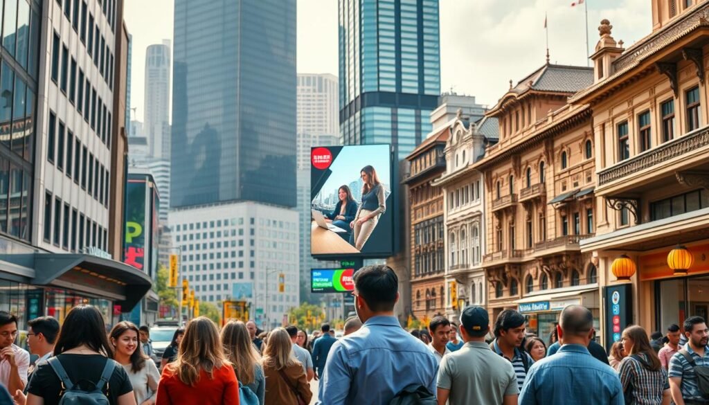 A serene street scene in a bustling urban center, with a mix of modern and traditional architecture. In the foreground, individuals of diverse backgrounds engage in lively discussions, showcasing the cultural exchange and integration of Western and local elements. In the middle ground, a prominent billboard displays a fusion of Eastern and Western advertising aesthetics, reflecting the gradual permeation of Western influences. The background is a blend of towering skyscrapers and ornate, historic buildings, symbolizing the coexistence and juxtaposition of the old and the new. The lighting is warm and inviting, creating a sense of harmony amidst the subtle tensions of cultural adaptation.