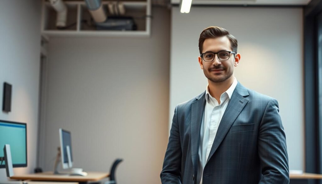 A skillful system analyst standing confidently in a modern, minimalist office setting. The analyst is dressed in a crisp, tailored suit, conveying a professional and authoritative presence. The background features clean lines, muted colors, and subtle technological elements, such as sleek computer monitors and discreet wiring, creating a sophisticated and tech-savvy ambiance. Soft, directional lighting from overhead casts a warm glow, highlighting the analyst's focused expression and attention to detail. The scene exudes a sense of expertise, problem-solving, and strategic decision-making - the core qualities of an exceptional system analyst.
