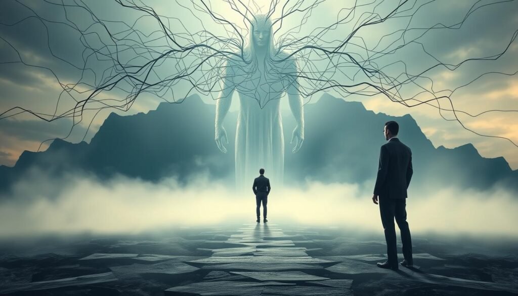 A strategic business decision depicted in a surreal, dreamlike composition. In the foreground, a person stands at a crossroads, facing a complex web of interconnected paths and choices. The background features a towering, faceless figure representing the weight of responsibility and the risks involved. Soft, diffused lighting casts an ethereal glow, creating a contemplative, pensive atmosphere. The overall scene conveys the gravity and nuance of the decision-making process, balancing the rational and the emotional aspects of strategic risk-taking.