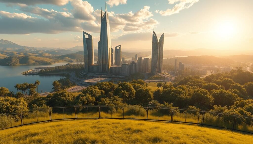 A vast, immersive virtual landscape stretches out before the viewer, a stunning metaverse terraformed with lush, rolling hills, pristine lakes, and towering skyscrapers of gleaming glass and steel. The sun casts a warm, golden glow across the scene, illuminating the intricate details of the architecture and the vibrant, verdant foliage. In the foreground, a sprawling virtual property stands, its boundaries marked by sleek, futuristic fencing, hinting at the potential for ownership and investment in this digital realm. The overall atmosphere conveys a sense of limitless possibility, where the physical and virtual worlds converge to create a new frontier for exploration and opportunity.