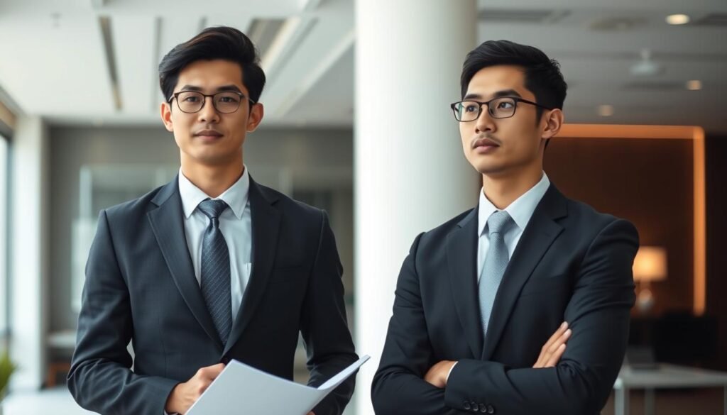 A young professional in a well-tailored suit and tie, standing confidently in a modern office setting with a laptop and documents in hand, conveying the expertise and poise of a seasoned system analyst. The lighting is soft and directional, highlighting the subject's thoughtful expression as they consider the challenges and opportunities of their role. The background features sleek, minimalist decor and subtle hints of Indonesia's vibrant culture, reflecting the dynamic career prospects for system analysts in the country.