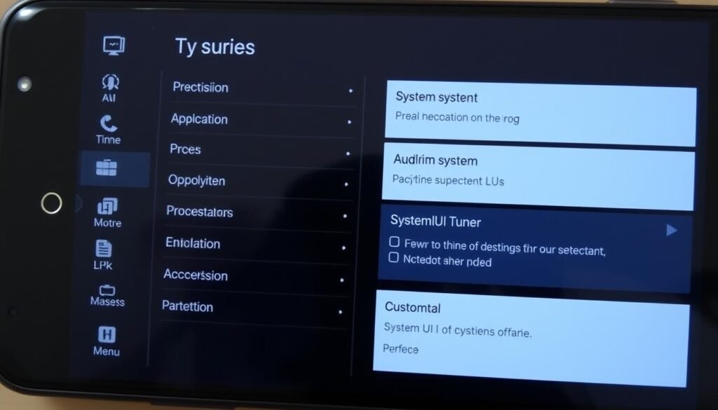 A detailed, high-resolution image showcasing the SystemUI Tuner interface. The screen displays a clean, minimalist design with a dark theme, highlighting the various settings and options for customizing the Android system UI. The layout features a centered title, intuitive icons, and neatly organized menu items. The overall atmosphere is one of precision and control, conveying the power to fine-tune the user experience. The image is captured from a slightly elevated perspective, providing a clear and comprehensive view of the SystemUI Tuner's functionality.