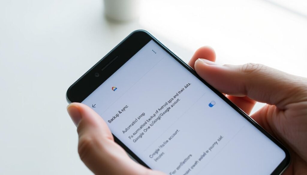 A high-resolution image of a mobile device screen displaying the Google Drive settings menu. The screen shows the "Backup & sync" section, with options to enable automatic backup of Android apps and their data to a Google Drive/Google One account. The interface is clean, modern, and intuitive, with clear icons and labels. The device is held in a hand, suggesting a practical, real-world usage scenario. The lighting is soft and natural, creating a calm, focused atmosphere. The composition places the screen in the center, with ample negative space to emphasize the key interface elements.
