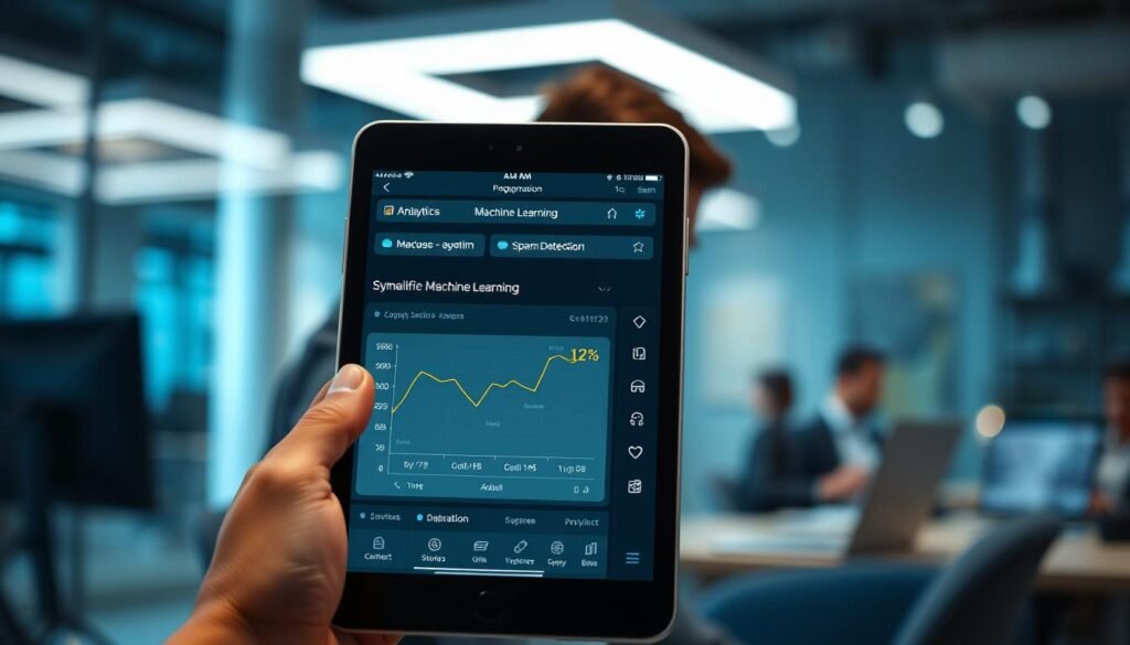 A modern iOS device featuring a sleek user interface, displaying a real-time machine learning application for email sorting and spam detection. In the foreground, the device screen shows an engaging graph with analytics and visual cues representing machine learning processes, highlighting the flow of data and notifications. The middle ground has a faint image of a programmer in professional attire, focused on their work, with subtle reflections of binary code and machine learning algorithms in the background. The background is a blurred tech-savvy office environment with soft, ambient lighting and futuristic design elements. The overall mood is one of innovation and efficiency, showcasing how technology simplifies user experiences in a professional setting.