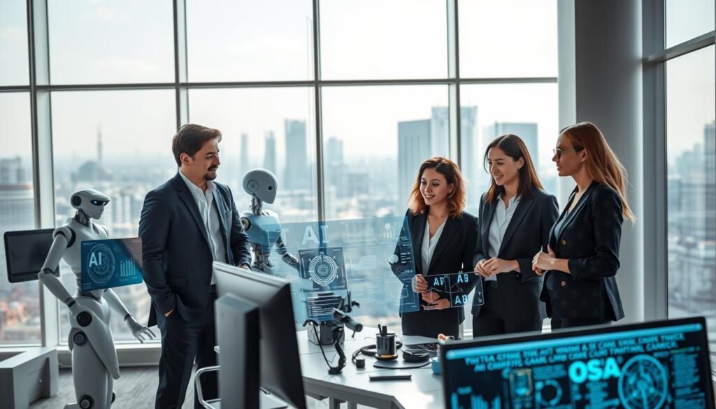 A modern office environment showcasing the influence of artificial intelligence on the workplace. In the foreground, a diverse group of professionals—two men and two women—dressed in smart business attire, are engaged in a collaborative discussion around a futuristic digital workstation displaying AI algorithms and data analytics. In the middle ground, various advanced technologies like robotic assistants and AI-driven screens can be seen enhancing productivity. The background features large windows revealing a bustling cityscape, illustrating the interconnectedness of AI and society. The lighting is bright, with a clear and optimistic atmosphere, suggesting innovation and hope for the future of work. Use a wide-angle lens for depth and clarity.