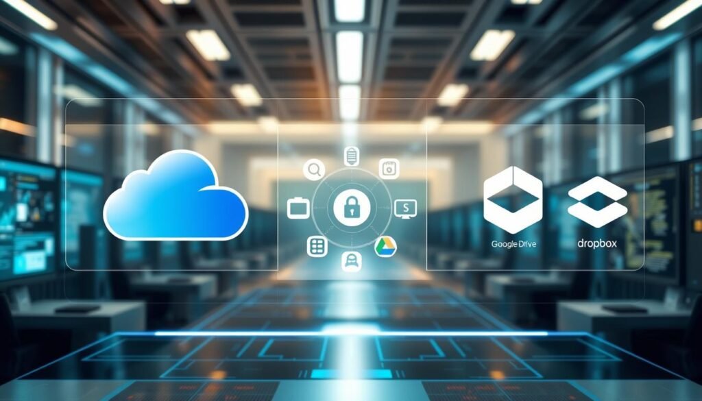 A sleek and modern comparison of various cloud services displayed on a futuristic digital interface. In the foreground, showcase a detailed graphic split-screen featuring iCloud Drive on one side, illustrated with its iconic blue and white colors, and other popular cloud services like Google Drive and Dropbox on the opposite side. The middle layer should depict user-friendly icons symbolizing features such as storage capacity, security, and ease of use. The background can feature a high-tech, softly lit office environment, incorporating computer screens and data flow animations. Use a cinematic angle to add depth, with warm lighting to create an inviting atmosphere. The overall mood should be professional and innovative, emphasizing a clear distinction between the cloud services.