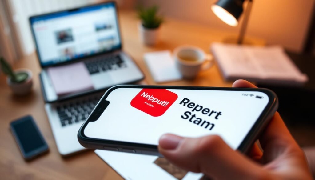 A sleek and modern iOS interface screen showcasing the updated "Report Spam" feature in the Mail app. The foreground features a smartphone held in a hand, displaying a polished and intuitive user interface with a vividly colorful button labeled "Report Spam." In the middle ground, a blurred background of a cozy office workspace is visible, with a laptop and a notepad, creating an atmosphere of productivity. Soft, warm lighting enhances the scene, suggesting a comfortable and professional environment. The camera angle is slightly above the device, emphasizing the screen’s details while capturing the user's engagement. Overall, the mood is efficient and user-friendly, reflecting the innovative changes in the app's functionality.