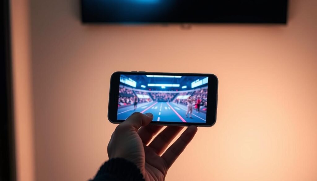 A sleek, futuristic smartphone display in ultra-immersive mode, filling the entire screen with a vibrant, high-definition video. The device is held in a minimalist, ergonomic hand grip, allowing the user to fully focus on the content. The display features deep blacks, vivid colors, and a seamless, edge-to-edge design that creates a truly immersive viewing experience. Subtle, ambient lighting complements the scene, casting a soft glow and enhancing the sense of depth and realism. The overall composition conveys a sense of high-tech sophistication and uninterrupted, cinematic engagement.