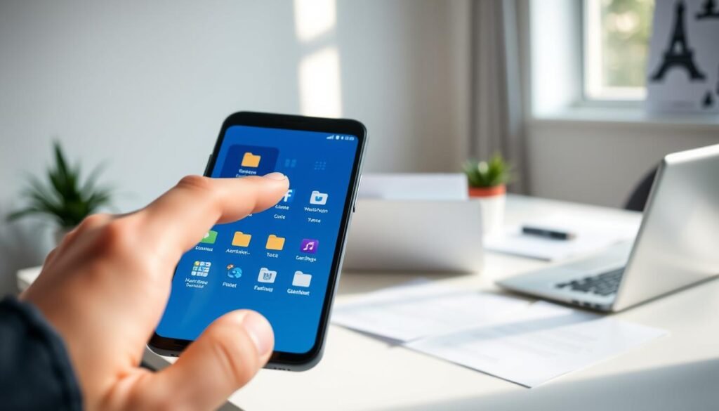 A sleek, modern workspace featuring a smartphone with a dynamic haptic touch interface open to a file organization menu. In the foreground, show a close-up of a finger gently interacting with the screen, showcasing vibrant icons representing folders and files. In the middle, a clean desk with a laptop and scattered documents creates a professional atmosphere. The background reveals a minimalist office space with soft, natural lighting filtering through a window, casting gentle shadows. Use a shallow depth of field to focus on the phone's screen, blurring the surroundings slightly for emphasis. The mood is focused and efficient, conveying the concept of seamless file organization through haptic touch technology.