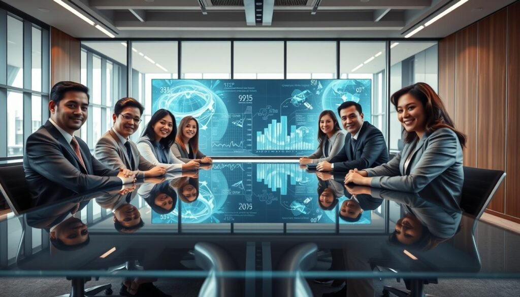 A visually striking representation of IBM's principles of trust and transparency, set in a modern corporate environment. In the foreground, a diverse group of professionals in business attire collaborates around a sleek, glass conference table, with expressions of focus and determination. The middle ground features a large digital screen displaying dynamic visual data, symbolizing transparency with flowing graphs and light effects. The background is a contemporary office space with large windows letting in natural daylight, accentuating a sense of openness and clarity. The atmosphere is serious yet optimistic, embodying the ethical use of AI, with soft lighting creating a professional and inviting ambiance. The angle captures both the team’s engagement and the innovative technology, emphasizing the message of responsible AI usage.