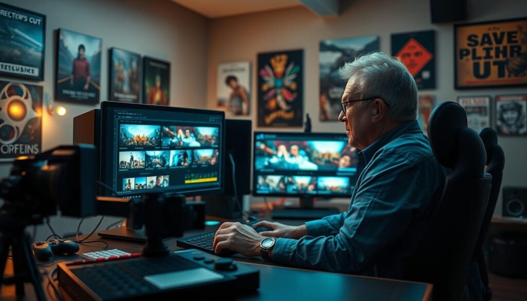 A cinematic scene set in a film editing room, focusing on a middle-aged film director, wearing smart casual attire, sitting intently at a high-tech editing station. The director is examining a large computer screen displaying vibrant scenes from various video games with clear indicators of “Director's Cut” and exclusive content highlights. The foreground features the editing tools, colorful visual clips, and a few scattered game-related materials. In the background, soft dim lights illuminate the room, with movie posters and film reels lining the walls, invoking a nostalgic atmosphere. The angle captures an over-the-shoulder shot of the director, conveying concentration and creativity, suggesting a sense of depth and professionalism. The overall mood is one of inspiration and innovation in gaming culture.