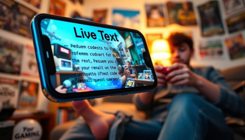 A close-up view of an iPhone displaying the Live Text feature, capturing game-related content like redeem codes and quest details from a vibrant and colorful screenshot. The foreground highlights the sleek design of the iPhone, emphasizing its glossy screen with clear text recognition. In the middle layer, a gamer can be seen in a cozy gaming setup, focused and engaged, wearing casual attire. The background showcases shelves filled with gaming memorabilia and posters, creating an immersive gaming atmosphere. Soft ambient lighting casts a warm glow, enhancing the mood of excitement and convenience for gamers. The scene is shot from a slightly elevated angle to capture both the phone and the gamer’s expression of concentration.