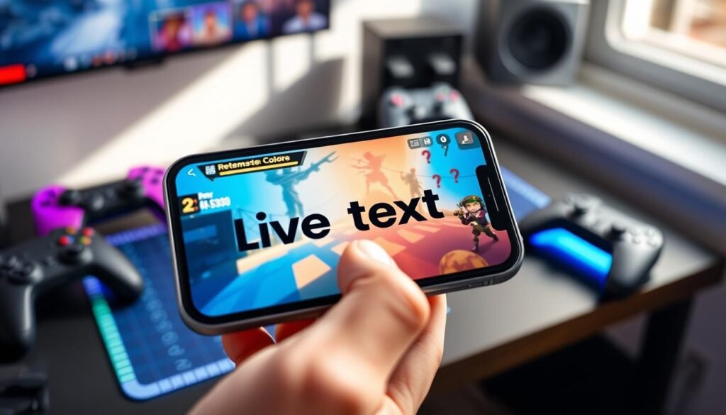 A close-up view of an iPhone displaying the Live Text feature in action, focusing on a vibrant screenshot of a popular game containing a redeem code or quest text. The iPhone is held in a hand, with a clean, casual gaming setup in the background, featuring game controllers and a colorful LED-lit gaming desk. Soft, natural light filters in from a nearby window, casting gentle highlights on the phone's screen to enhance the visibility of the Live Text functionality. The angle is slightly tilted downwards, showcasing the phone and the screenshot clearly, while the background is softly blurred to emphasize the device. The overall mood exudes a relaxed, focused gaming atmosphere, inviting gamers to explore the ease of using Live Text.