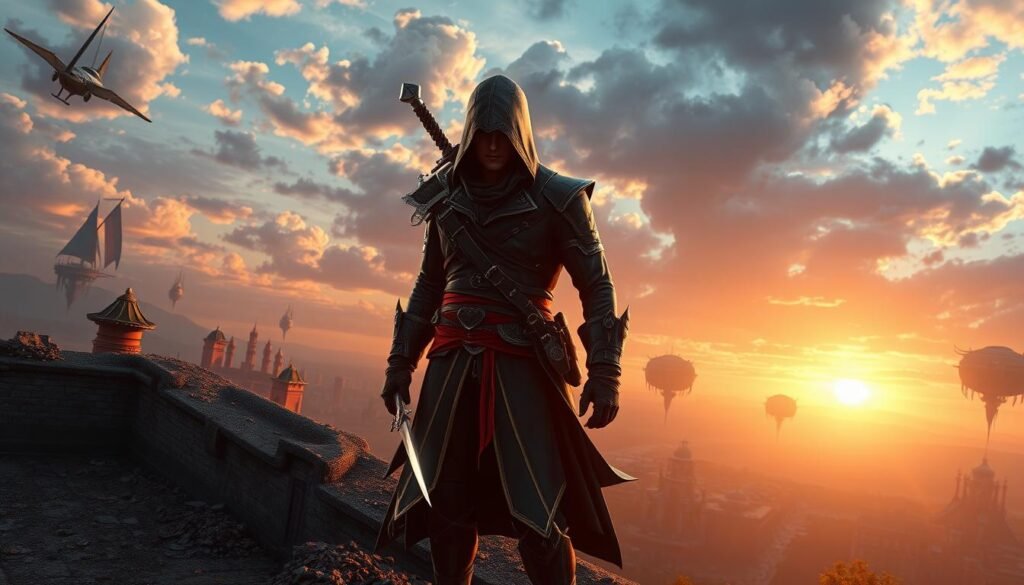 A dynamic scene featuring a blend of iconic elements from Final Fantasy and Assassin’s Creed. In the foreground, a skilled assassin clad in a sleek, dark outfit, incorporating elements from the Final Fantasy aesthetic, stands poised on a crumbling rooftop with a city skyline behind him. His eyes narrow with determination, and he holds a gleaming weapon, ready for action. The middle ground reveals a breathtaking landscape of a fantasy city reminiscent of both franchises, with intricate architecture, floating islands, and lush greenery contrasting with urban elements. The background showcases a dramatic sky at sunset, casting warm hues across the scene. Hyper-realistic lighting accentuates the textures of the characters and environment, evoking a sense of adventure and intrigue suitable for fans of both series.