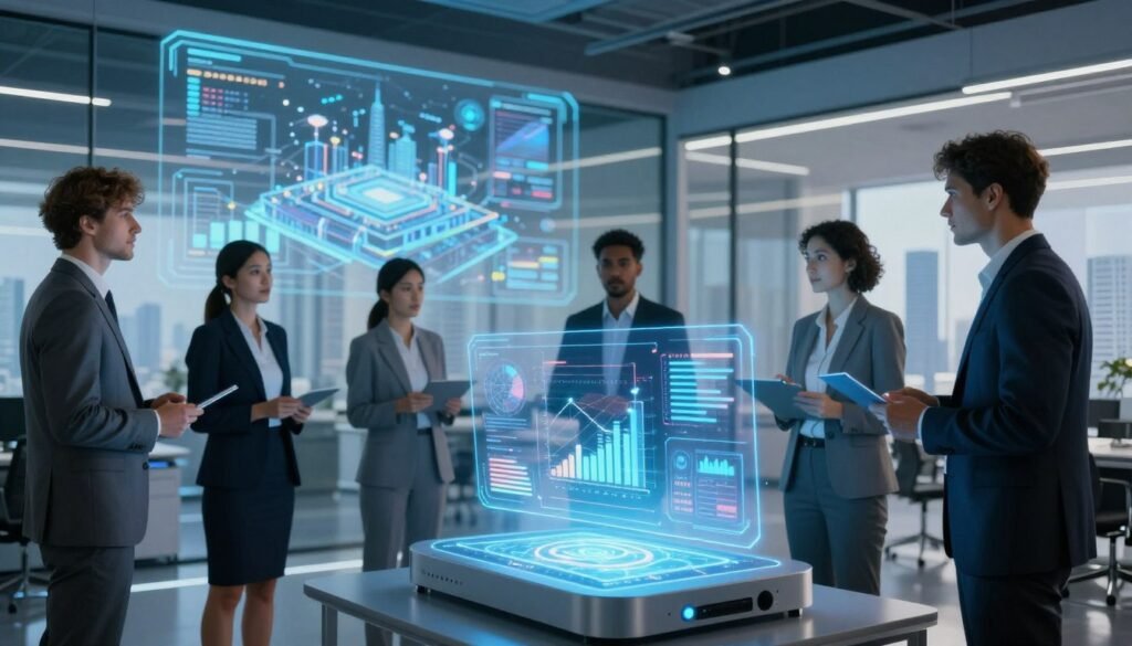 A futuristic office environment showcasing realistic 3D projection technology. In the foreground, a sleek, modern device emitting vibrant holographic images of charts and diagrams. A diverse group of professionals in smart business attire interacts with the holograms, displaying focused expressions of engagement. The middle ground features a transparent projection screen displaying intricate 3D models, while soft blue and white lights illuminate the scene. In the background, glass walls reveal a high-tech city skyline, blending seamlessly with the office. The atmosphere is dynamic and innovative, capturing the excitement of advanced holographic technology. Use a wide-angle lens to enhance the depth and highlight the futuristic design elements, ensuring the lighting creates a professional yet inspiring mood.