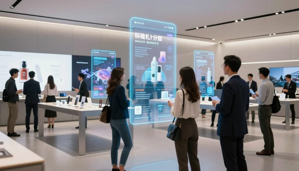 A futuristic retail environment showcasing a holographic application for customer interaction. In the foreground, a diverse group of professionally dressed customers engages with a vibrant holographic display that shows product information and promotional offers. The middle ground features sleek, modern store fixtures and smart screens displaying dynamic digital advertisements. The background highlights a minimalist, high-tech interior with soft ambient lighting that enhances the holographic effects. Utilize a wide-angle lens to capture the scope of the retail space, emphasizing the three-dimensionality of the holograms. The atmosphere is energetic and innovative, reflecting the cutting-edge nature of digital technology in retail.