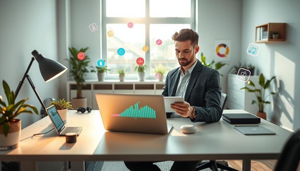 A modern workspace featuring a sleek desk with an open laptop showing a biofeedback app, surrounded by healthy plants and ergonomic gadgets. In the foreground, a person dressed in smart casual attire is engaged with a tablet, looking contemplative yet balanced. The middle layer includes vibrant digital health icons floating around, symbolizing the integration of technology with wellness. In the background, soft natural light streams through a large window, casting a warm glow that enhances the tranquil atmosphere. The room is minimalistic and organized, embodying a blend of digital innovation and a healthy lifestyle. The overall mood reflects a thoughtful interaction with technology, questioning its role as a friend or foe in our lives.