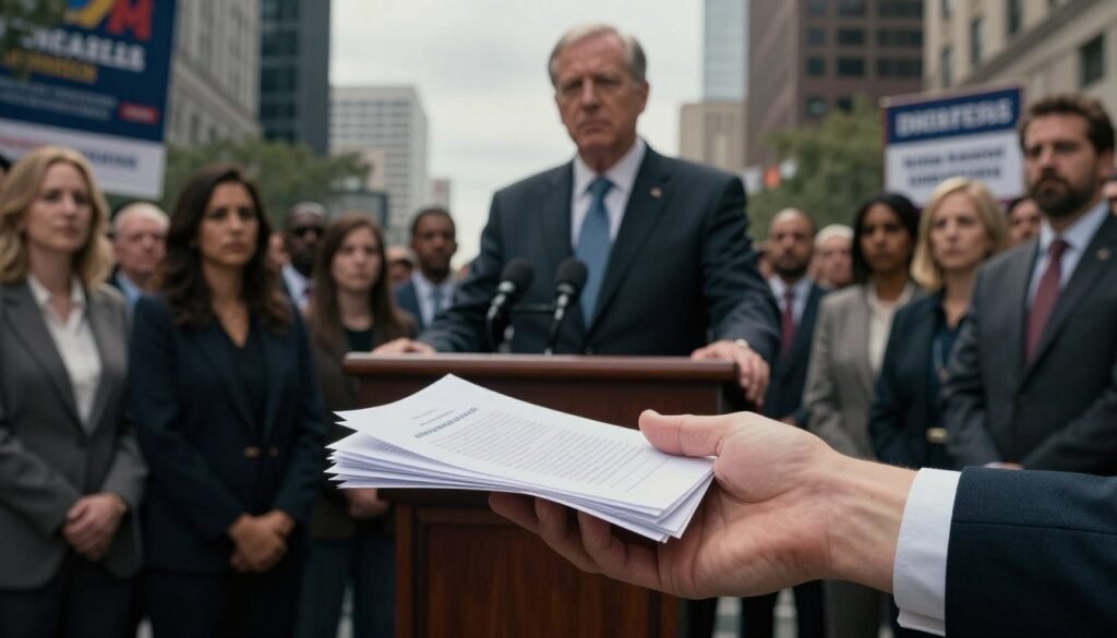 A political figure stands confidently at a podium, wearing a sharp, professional business suit, symbolizing the allure of political power. In the foreground, a hand reaches out, clutching a stack of forgotten promises, crumpled paper filled with hopeful pledges. The middle ground features a crowd of diverse citizens, some looking disappointed and others indifferent, capturing the mood of disillusionment. The background showcases a blurred cityscape, representing the political environment, with banners and posters that hint at past promises. The lighting is dramatic, creating strong contrasts with shadows that evoke a sense of betrayal and forgotten hope. The angle is slightly low, emphasizing the authority of the politician while hinting at the underlying tension in the scene.