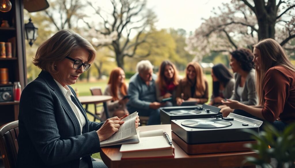 A serene, inspiring scene depicting a diverse group of individuals engaged in various analog activities, emphasizing a successful transition from digital to analog living. In the foreground, a middle-aged woman in professional attire is journaling in a quaint café, surrounded by patterned notebooks and colorful pens. In the middle, a group of friends is gathered around a vintage record player, laughing and enjoying music while dressed in casual yet stylish outfits. In the background, a lush park setting with blooming trees and a clear sky evokes a sense of tranquility. Soft, warm lighting enhances the cozy atmosphere, with a shallow depth of field focusing on the joyful interactions. The overall mood conveys a refreshing embrace of analog lifestyles, celebrating connection and simplicity in a digital age.