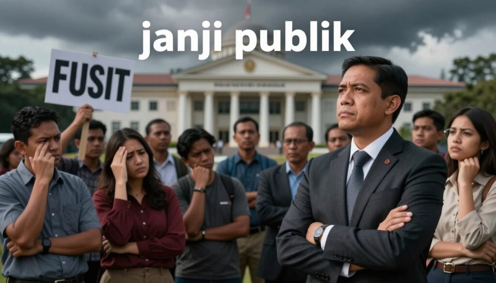 A symbolic representation of "janji publik" in a political context, focusing on themes of long-term impact and trust deficit. In the foreground, a confident politician in professional business attire stands with crossed arms, overlooking a crowd of concerned citizens, dressed in casual yet respectable clothing, expressing skepticism. In the middle ground, diverse citizens, featuring various ethnicities, engage in discussions, holding symbolic protest signs and shaking heads in disappointment. The background features a soft-focus view of a government building, representing democracy, with stormy grey skies above, suggesting uncertainty and tension. The scene is illuminated with dramatic lighting, creating deep shadows and highlighting the faces of the figures, evoking a sense of urgency and critical contemplation. The overall mood is serious and reflective, underscoring the fragility of trust in governance.