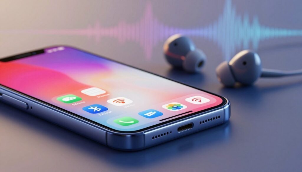 A detailed close-up of a modern smartphone displaying its audio and connectivity features, prominently featuring an array of icons such as Bluetooth, Wi-Fi, and headphone jack. In the foreground, the phone is angled slightly, showcasing its sleek design with a glossy finish and vibrant screen. In the middle ground, blurred outlines of earbuds and accessories hint at various audio options available. The background is a subtle gradient, evoking a technology-focused atmosphere with soft glows and abstract shapes representing sound waves. The lighting is soft and diffused, highlighting the phone's features while maintaining a professional, polished look. The overall mood is innovative and inviting, emphasizing the importance of audio and connectivity in smartphones.