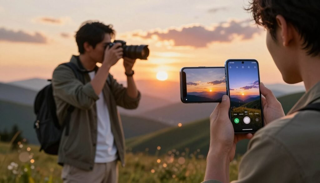 A modern photography camera setup demonstrating advanced AI features in action. In the foreground, a sleek OPPO smartphone with a vibrant camera interface, showcasing intelligent photography options like night mode and portrait enhancements. The middle ground features a stylish photographer in professional attire, focused on framing a stunning landscape shot under golden hour sunlight, with soft bokeh effects around them. In the background, a picturesque sunset scene with rolling hills and colorful clouds, symbolizing the beauty of automated photography. The lighting is warm and inviting, enhancing the mood of innovation and creativity, capturing the essence of modern photography assisted by AI technology.