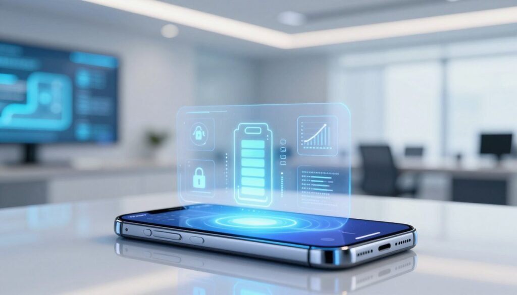 A sleek, modern smartphone displaying an advanced AI interface designed to optimize battery performance and security features. In the foreground, the phone is positioned on a glossy reflective surface with subtle reflections highlighting its curves. The middle layer features a digital hologram showcasing icons representing battery health, security checks, and performance metrics, emanating a soft blue glow. The background is a blurred high-tech office environment with futuristic elements, like softly illuminated screens and abstract digital patterns that imply cutting-edge technology. Bright, clean lighting creates an energetic yet professional atmosphere, emphasizing innovation and efficiency. The overall color scheme combines cool blues and whites, giving a sense of reliability and sophistication.