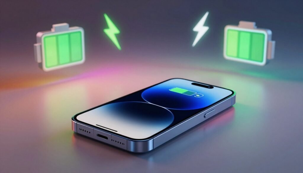 A sleek modern smartphone prominently displayed in the foreground, showcasing its vibrant display with battery percentage and quick charge indicator visibly illuminated. Surrounding it, a visually engaging dynamic background depicting battery symbols and lightning bolts to represent fast charging technology. The middle ground features a subtle gradient of colors, suggesting energy and speed. Soft, focused lighting highlights the smartphone, casting gentle shadows to add depth. The mood is energetic and futuristic, with an emphasis on innovation. The angle is slightly overhead, creating an inviting view of the smartphone while maintaining a clean composition, ensuring the image is clear and professional, suitable for an article on technology.